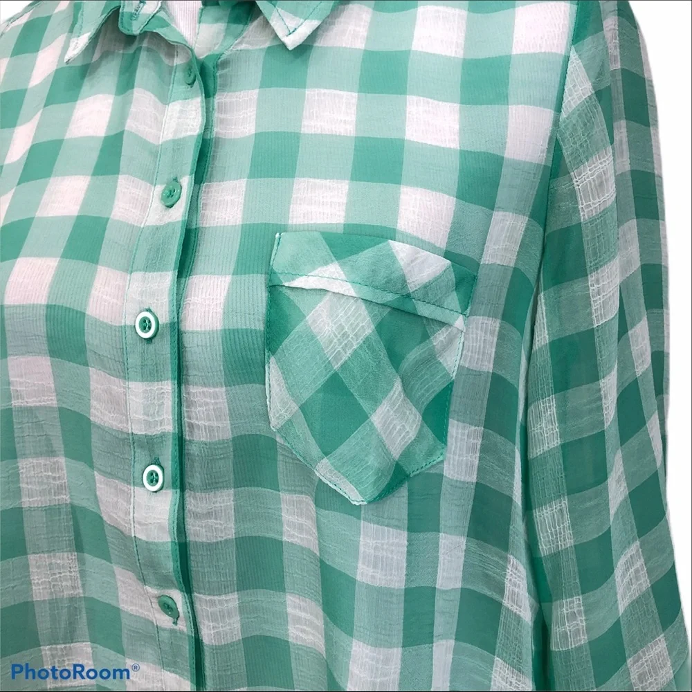 Free People green gingham sheer hi lo button up collared shirt